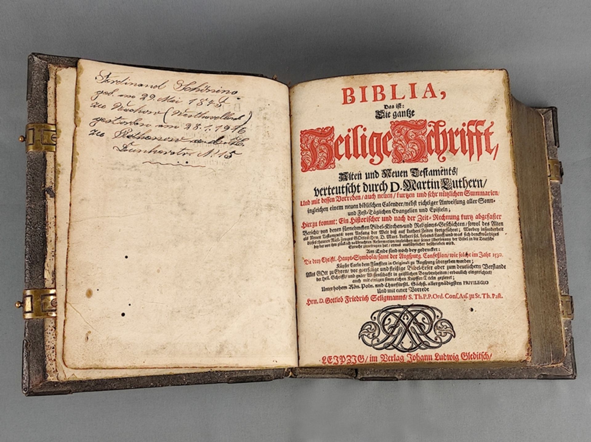 An antique Leipzig "Biblia Germanica", 1705, with ornate title page: "BIBLIA, Das ist: Die gantze H