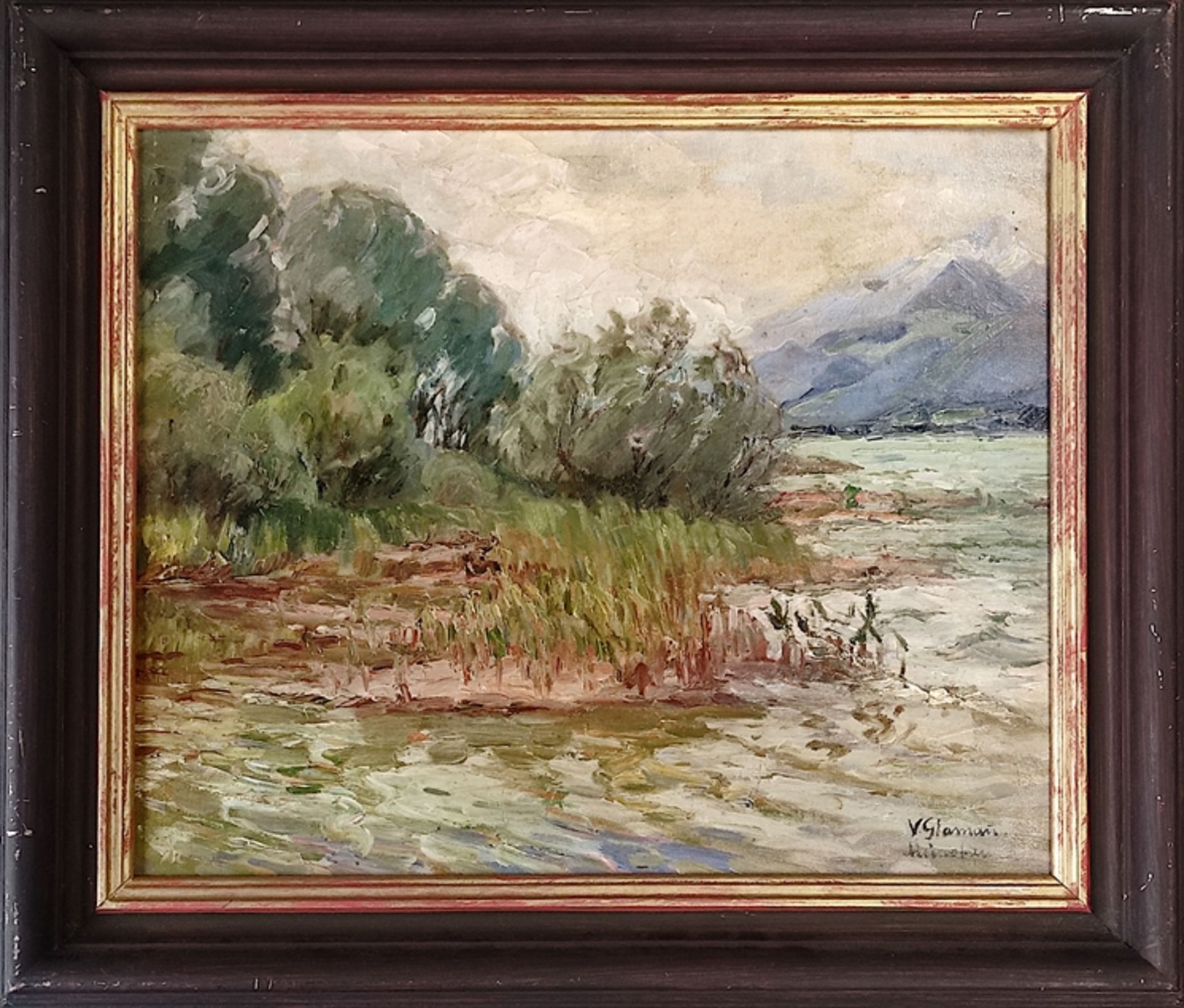 Glamann, Valeska (1872 - 1930) "Uferlandschaft", im Hintergrund Blick auf Berge, Öl auf Leinwand, r - Bild 2 aus 6