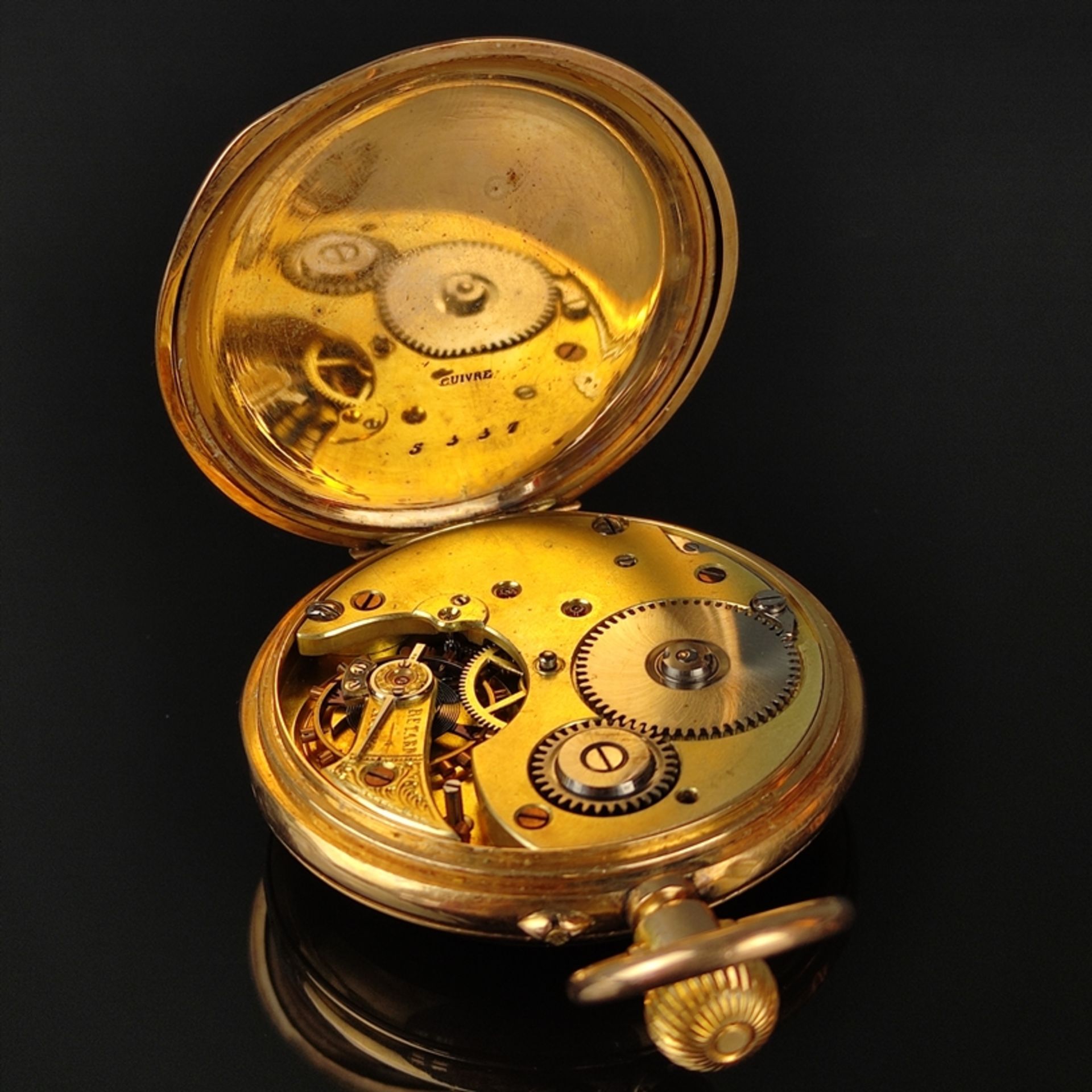 Taschenuhr, 585/14K Gelbgold, Gesamtgewicht 80,8g, weißes Emaille-Ziffernblatt mit römischen Ziffer - Bild 3 aus 4