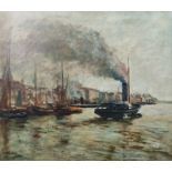 Falkenberg, Richard (1875 - 1945) "Dampfschiff im Hafen", Öl auf Leinwand, links unten signiert, 70