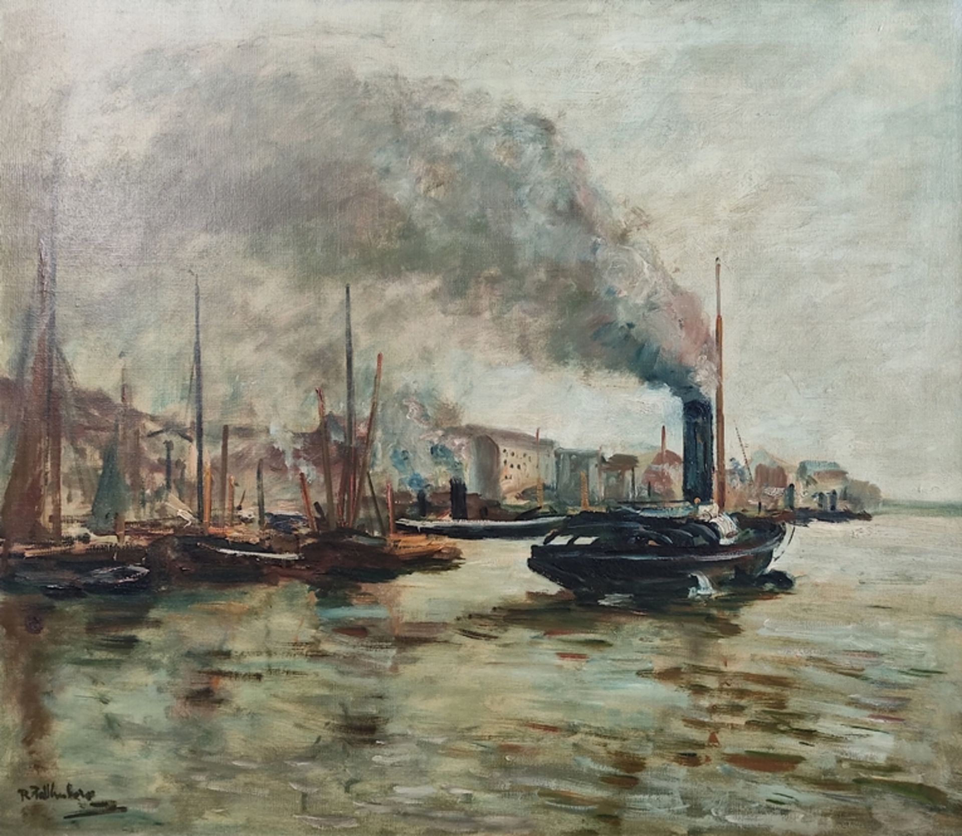 Falkenberg, Richard (1875 - 1945) "Steamboat in the Harbour", oil on canvas, signed on the lower le