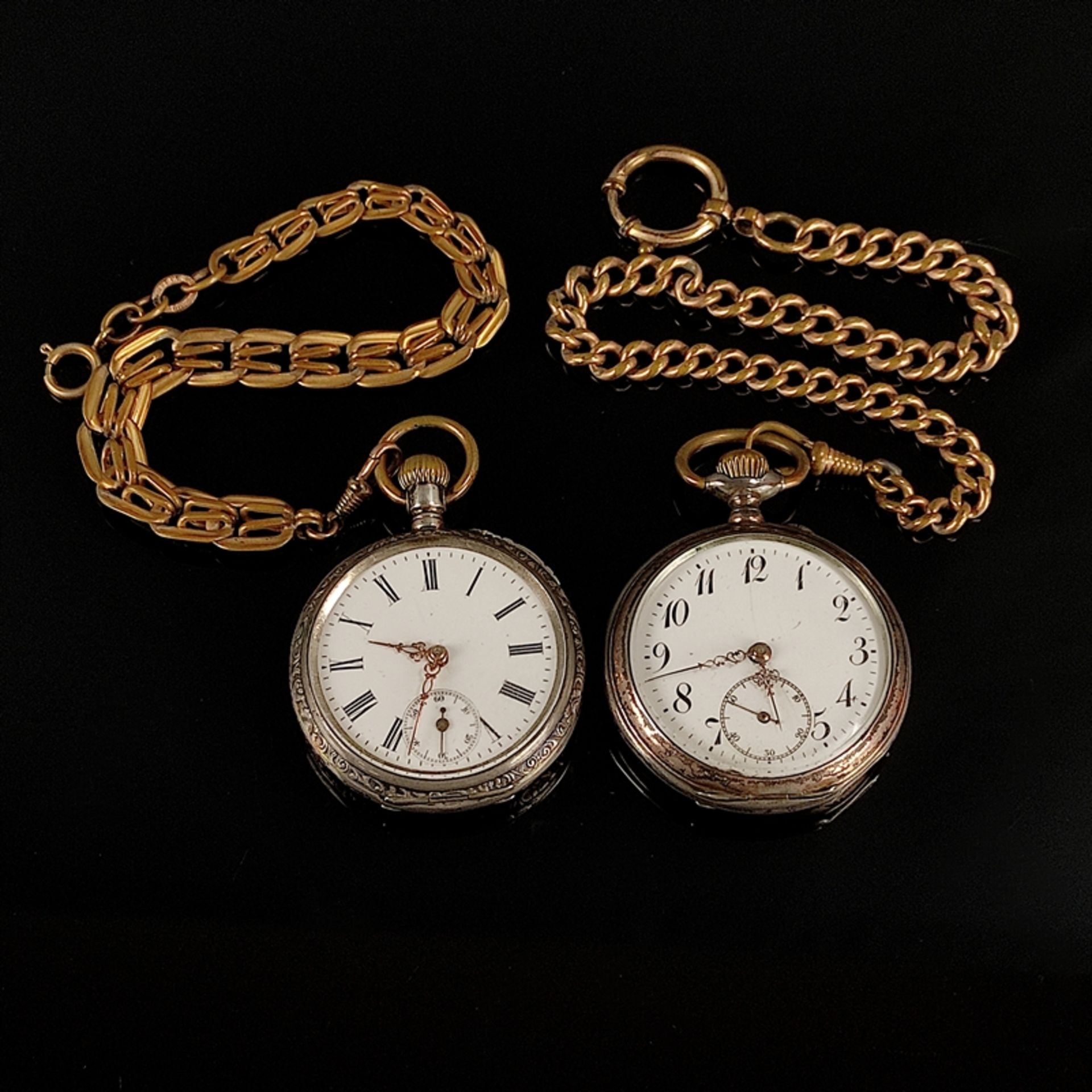 Zwei Taschenuhren, beide Handaufzug, laufen an, je kleine Sekunde bei Nummer 6, beide Silber 800 Ge