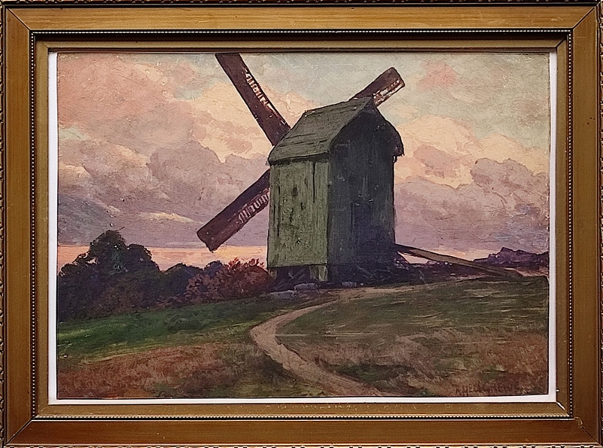 Hellgrewe, Rudolf (1860 Hammerstein - 1926 Berlin) "Märkische Landschaft" with windmill in the suns - Image 2 of 4