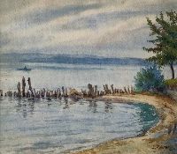 Rohrer, Lothar (1905 Lahr - 1985 Radolfzell) "Blick auf den Bodensee" vom Ufer aus, im Hintergrund 