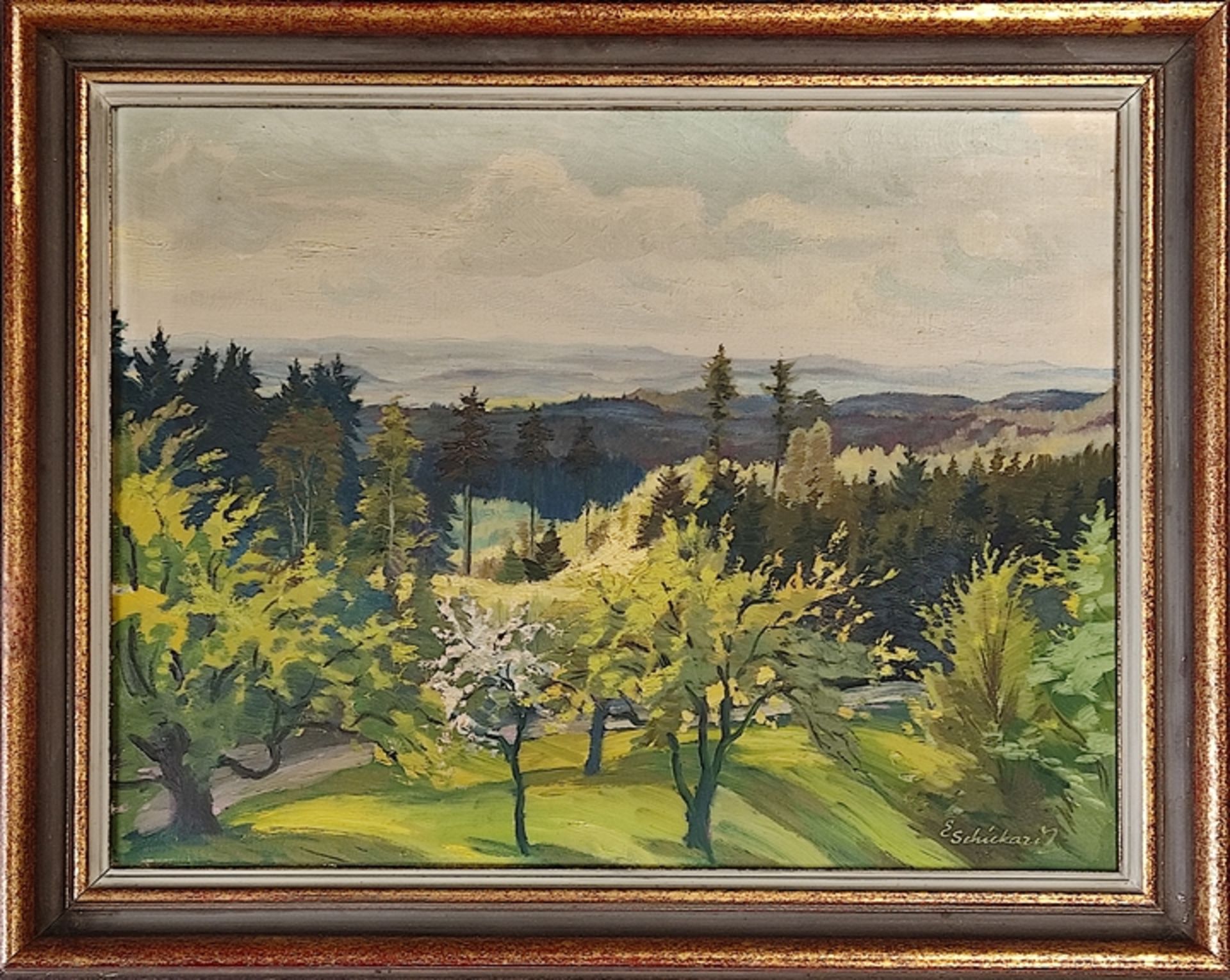 Schickardt, Eugen (1905 Stuttgart - 1965) "Landschaftsausblick" mit Obstbäumen im Vordergrund und d - Bild 2 aus 4