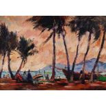 Karibischer Maler des 20. Jahrhunderts "Sonnenuntergang" am Strand, mit Palmen und Personenstaffage