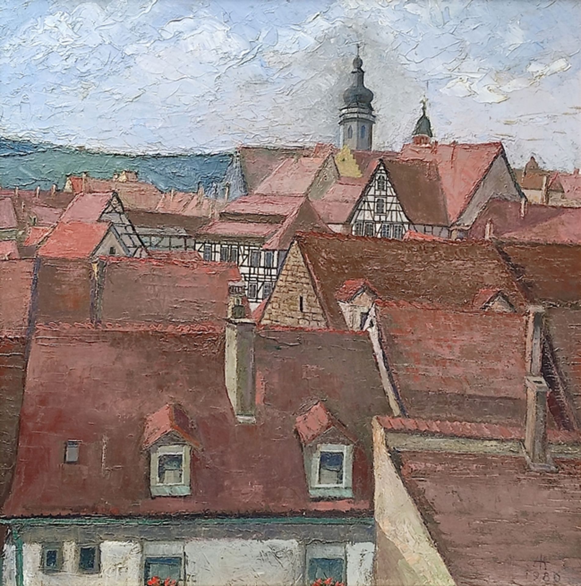 Siekiersky, Alfred Friedrich (1911 Durlach - 1991 Karlsruhe) "Über den Dächern von Durlach", Öl auf