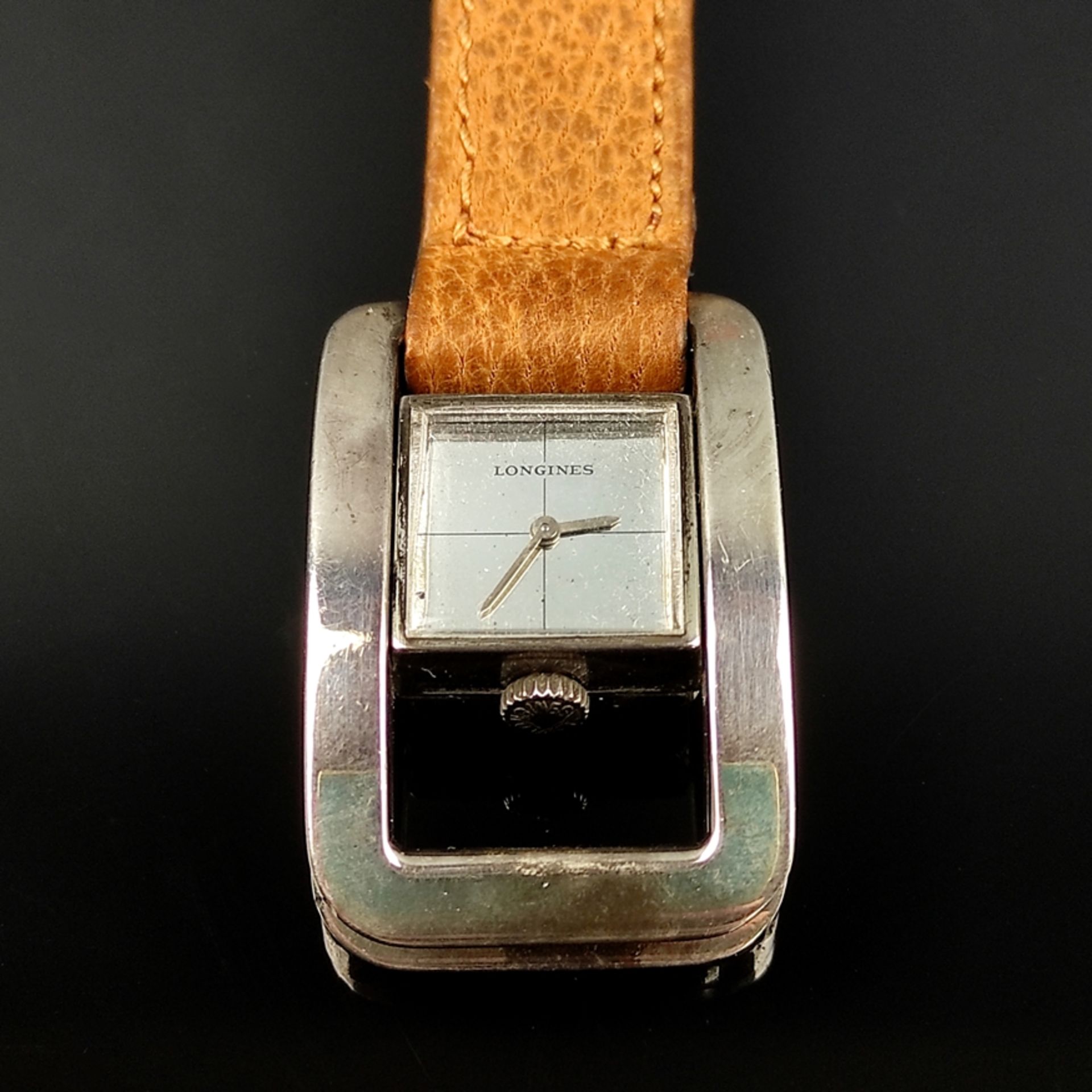 Seltene Design-Armbanduhr, Longines, Entwurf Serge Manzon, rechteckiges Ziffernblatt eingefasst von - Bild 2 aus 2