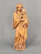 Madonna mit Jesuskind, liebliche Darstellung, ungefasstes Holz geschnitzt, 19. Jahrhundert, Höhe 22