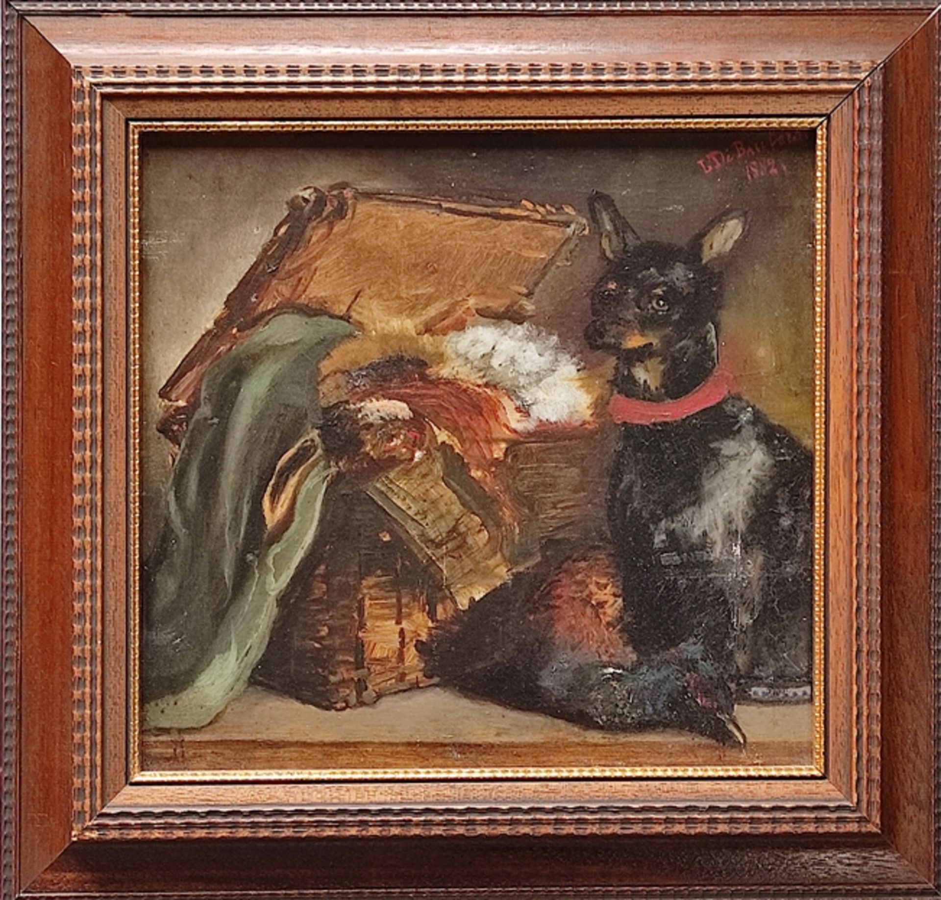 De Baulers, L. (19th century) "Hunting Still Life" with Hare, Pheasant and Pinscher, oil on canvas, - Image 2 of 5