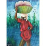 Paul, A. (20th century painter, Caribbean) "Woman Carrying" in the rain, acrylic on canvas, signed 