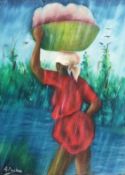 Paul, A. (Maler des 20. Jahrhunderts, Karibik) "Frau beim Tragen" im Regen, Acryl auf Leinwand, lin