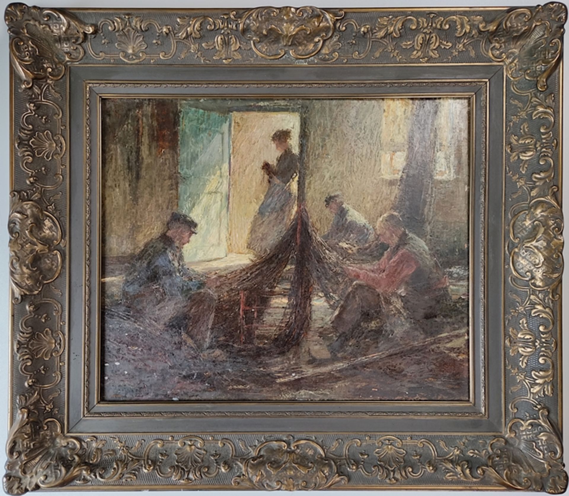 Leysing, Piet (1885 - 1933 Düsseldorf) attributed "Fishermen mending nets", sitting in a parlour, o - Image 2 of 4