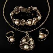 Designer-Schmuckset, 5 Teile, Perlen/Silber, bestehend aus Armband mit 6 barocken Perlen, Länge 17c