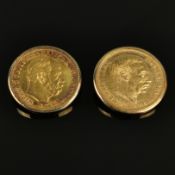 Pair of cuff links with gold coins, one Prussia 20 Marks, Wilhelm I, 1872 and one Denmark 20 Crowns