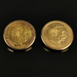 Paar Manschetten-Knöpfe mit Goldmünzen, einmal Preußen 20 Mark, Wilhelm I., 1872 und einmal Dänemar