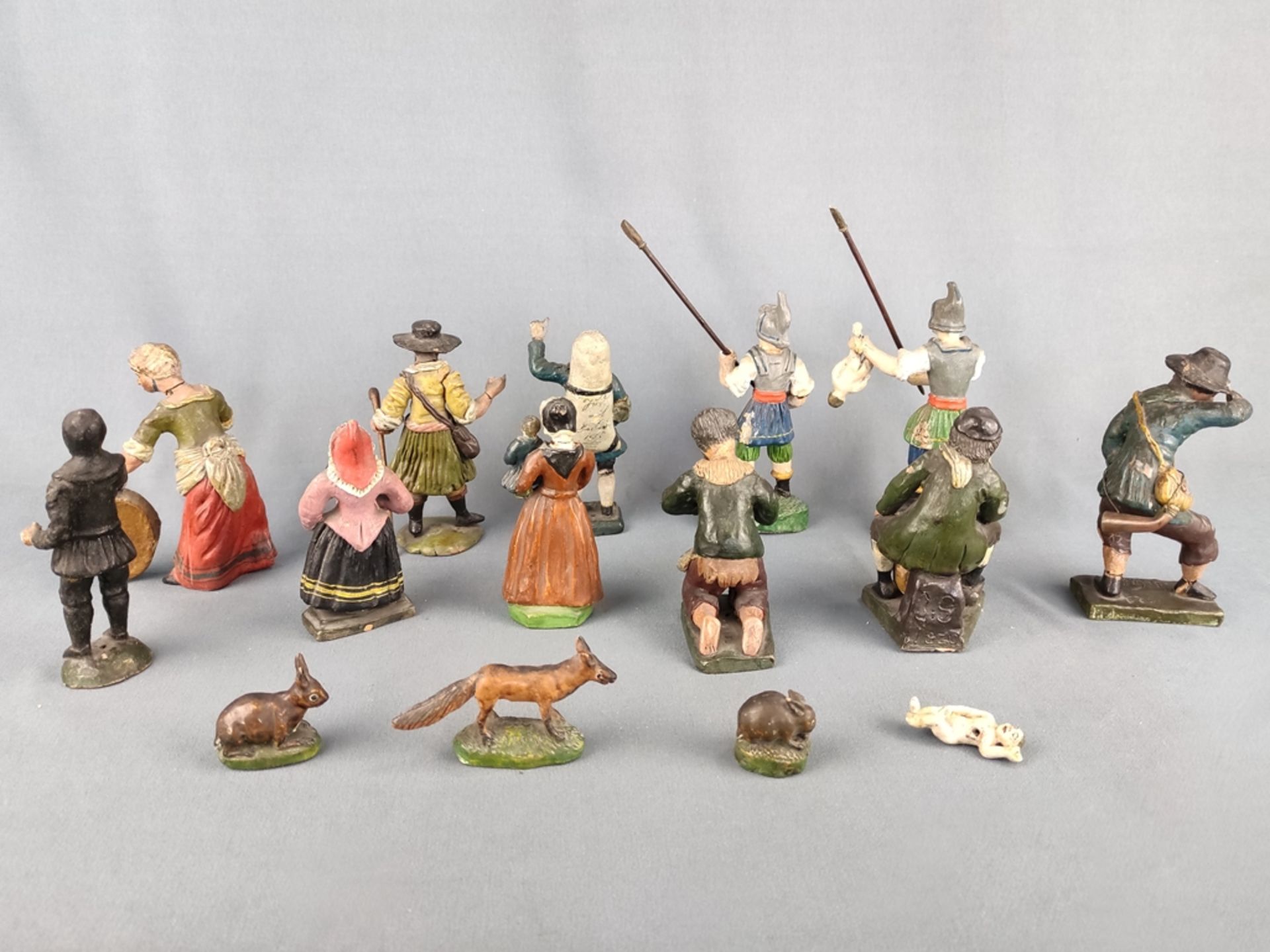 15 figurines, 19th century, terracotta, colourfully painted, one signed on base J: Göth., height of - Image 2 of 7