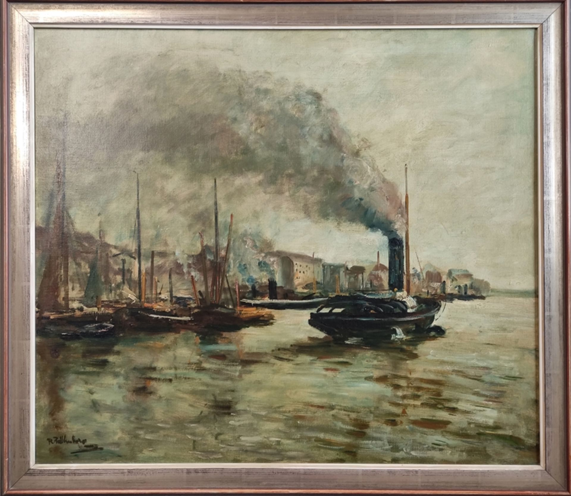 Falkenberg, Richard (1875 - 1945) "Steamboat in the Harbour", oil on canvas, signed on the lower le - Image 2 of 4