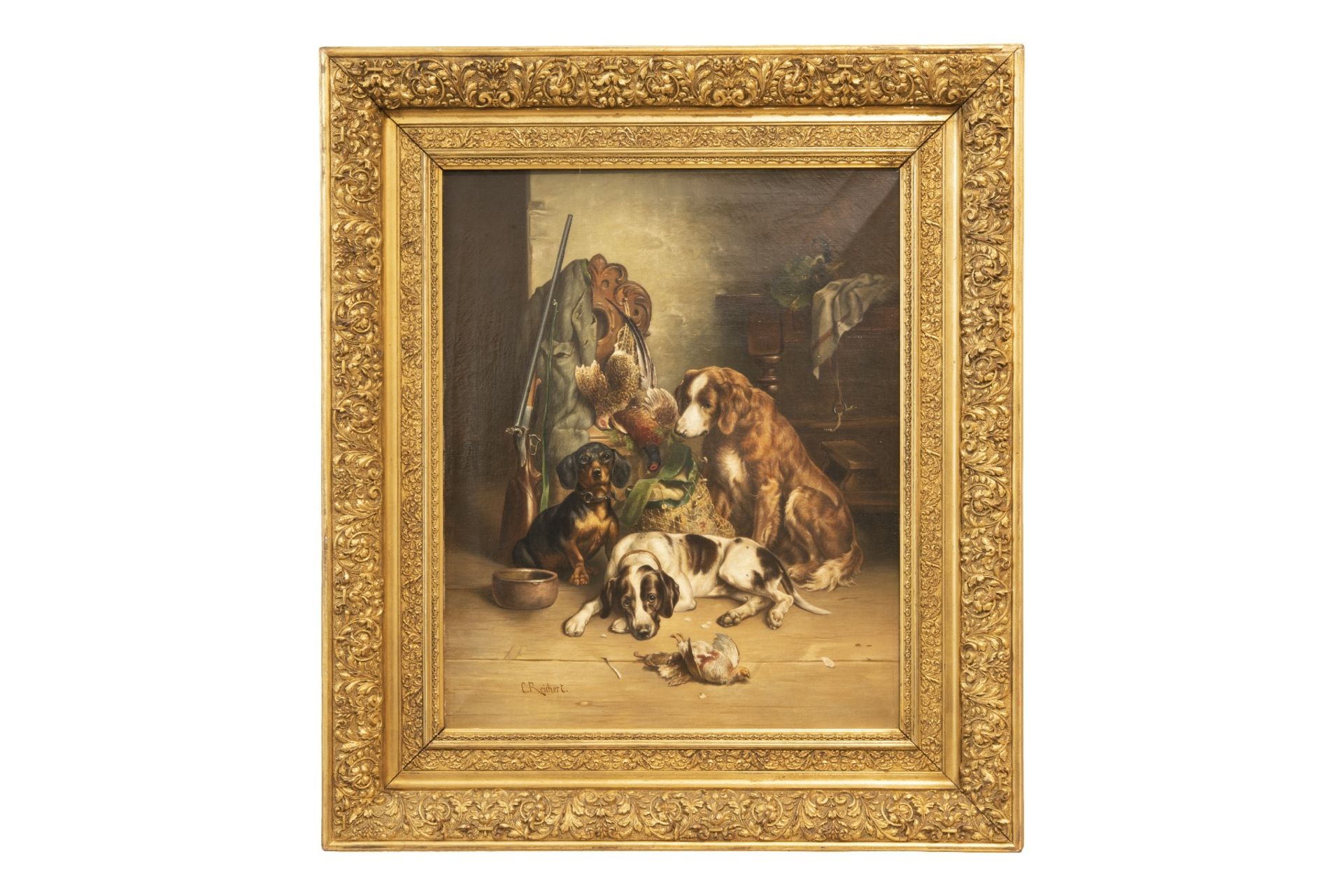 Carl Reichert (1836-1918),  Jagdstillleben mit Hunden, Wien 1890 | Carl Reichert (1836-1918), Still 