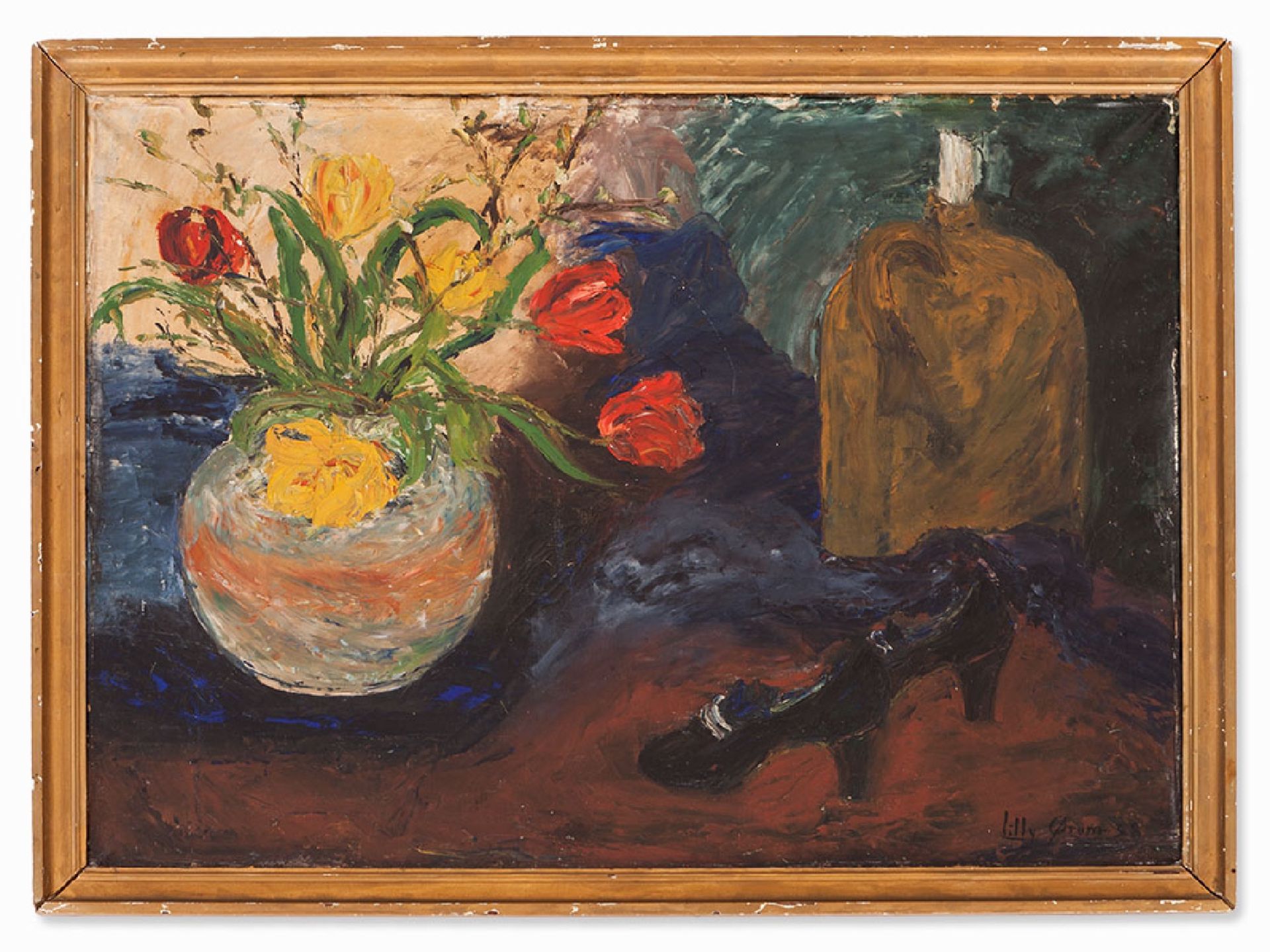 Lilly Orum, Blumenstillleben mit Schuhen, 1938 | Lilly Orum, Oil Painting, Flower Still Life with Sh