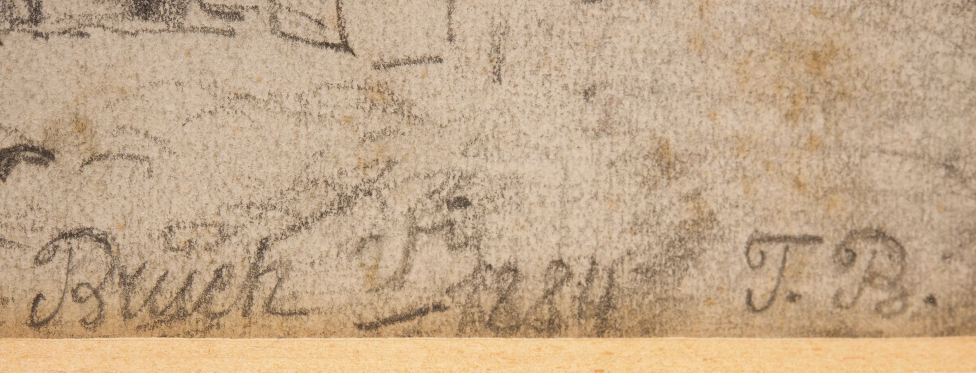 Signiert mit "T. Blau", Bleistift auf Papier, Skizze eines Innenhofs | "T. Blau", Old Sketch of a Co - Bild 4 aus 5