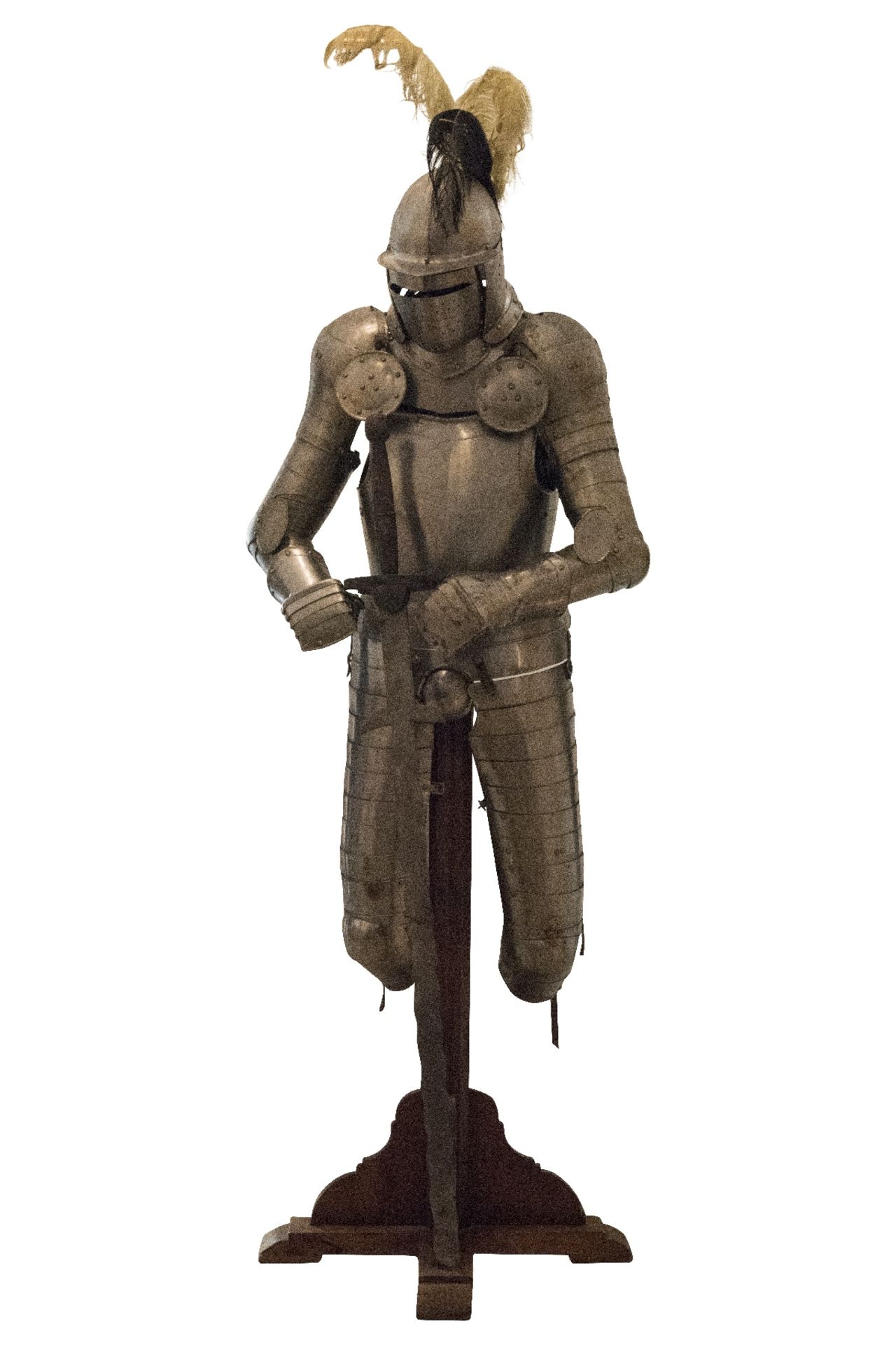 Ritterruestung auf Holzgestell mit Schwert, 20. Jahrhundert | Knight Armor on Wooden Rack with Sword