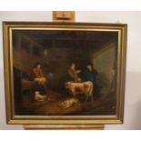 19th Century Oil on Canvas Household Scene of Farm Animals.