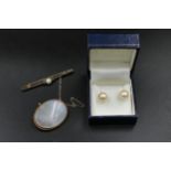 Pair of 9ct Gold & Pearl earrings + 9ct Gold brooch + 15ct Gold plated bar brooch