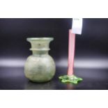 Lovely Roman style blown glass vase with handle + pink and green vintage posey vase