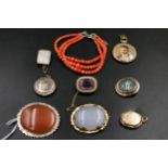 x9 jewellery items including brooches, pendants & red coral bracelet (possibly unmarked gold)