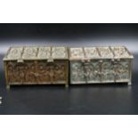 x2 Brass boxes with medieval style relief decoration, one is lined with key (although lock is