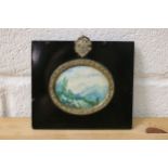 Antique miniature landscape painting with castle in the distance
