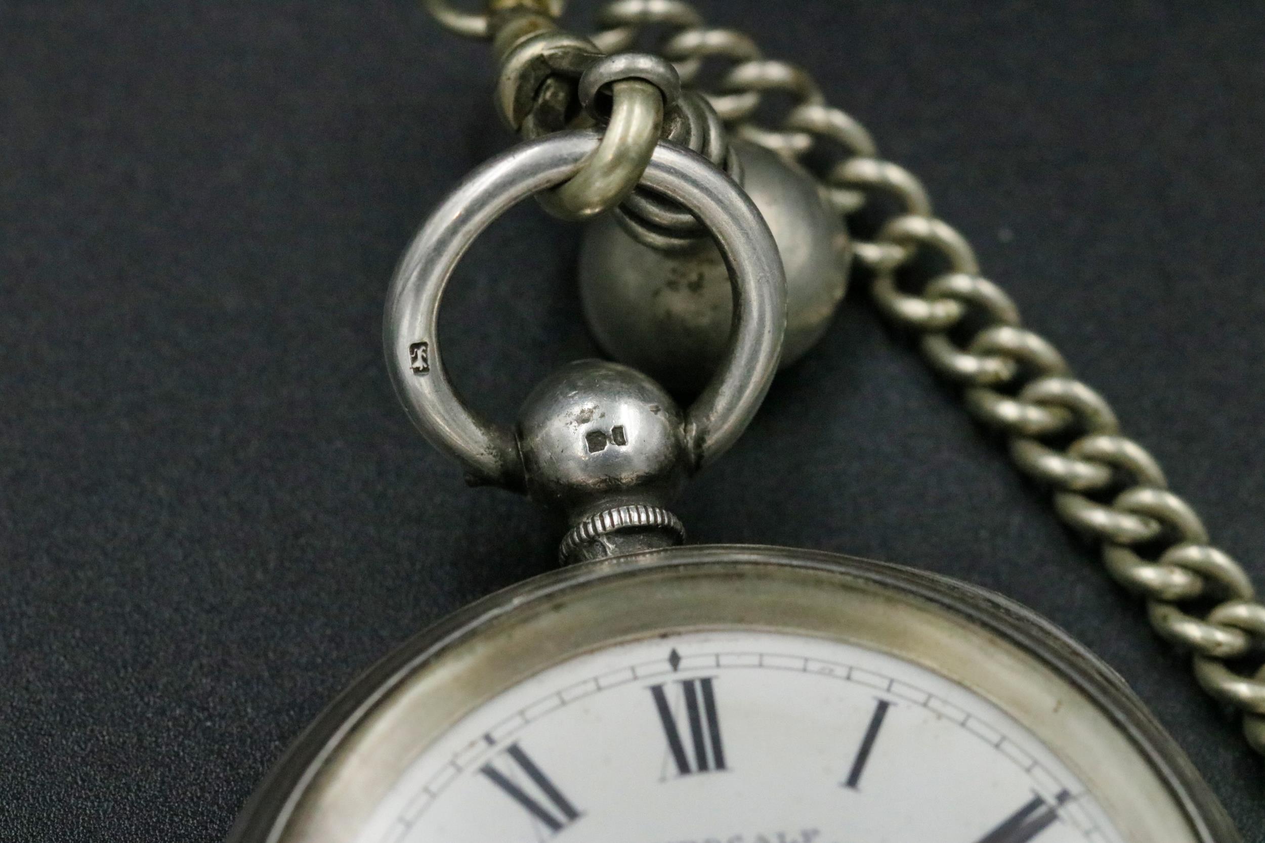 Silver Pocket watch by J. Medcalf London 1877. Winder works but watch A/F (chain not silver) - Image 8 of 8