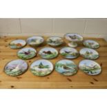 10 hand painted Victorian bird plates + 3 cake stands (cake stands A/F)