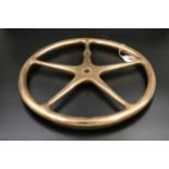 Solid Brass boat steering wheel 14" dia with 5 spokes with braided leather ring round one spoke.