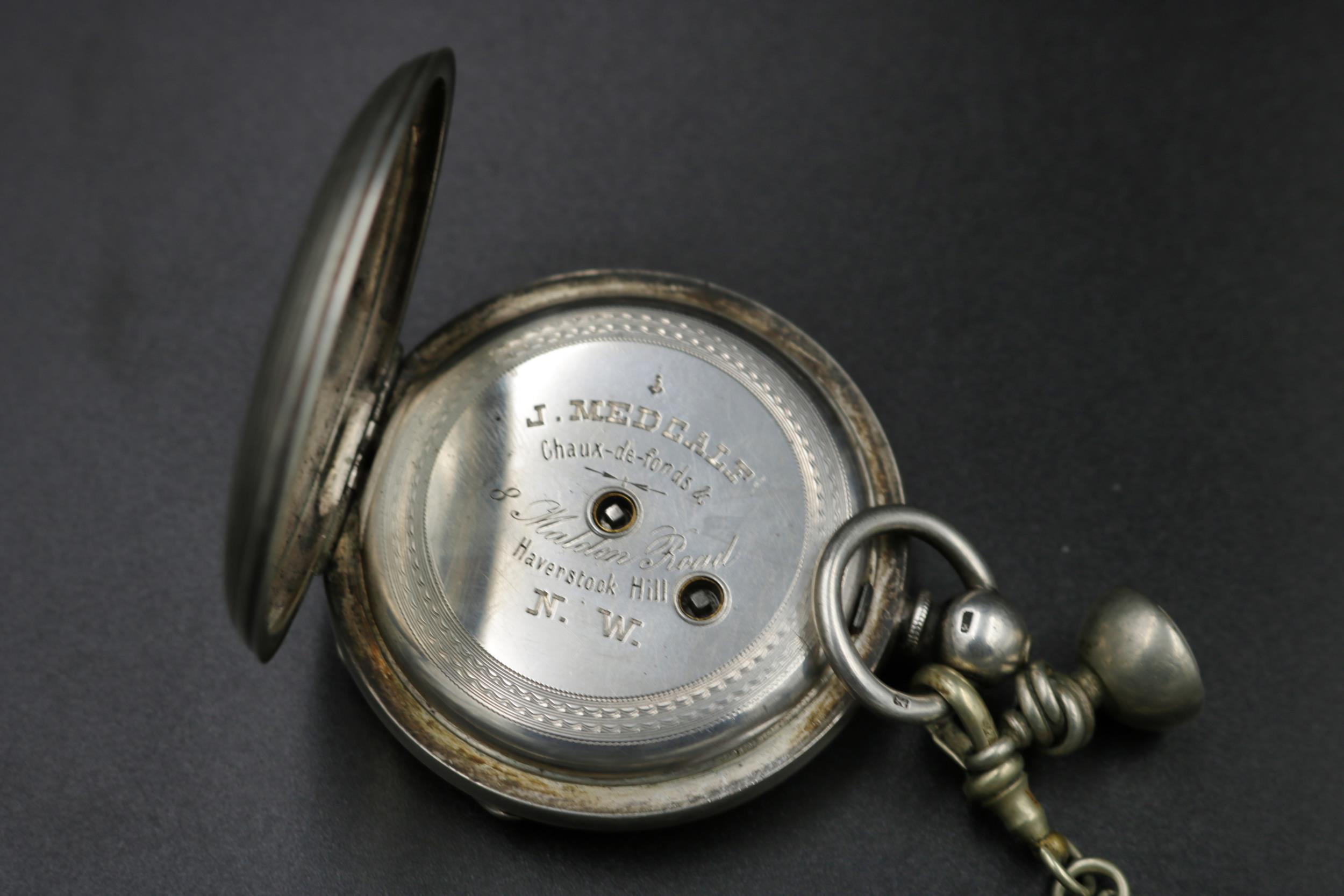 Silver Pocket watch by J. Medcalf London 1877. Winder works but watch A/F (chain not silver) - Image 4 of 8