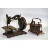 Antique cast iron sewing machine , Hand driven (No makers mark visible) AF & a cast iron charcoal