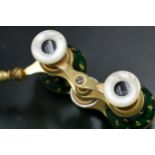 A pair of French Opera glasses, Brass with guilloche enamel and mother of pearl, with extension