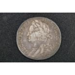 George II Silver Shilling 1758. On the obverse the King's 'old' Laureate draped bust faces left