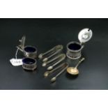 A Collection of silver mustard/salts & sugar tongs, weight "without liners" 228grams