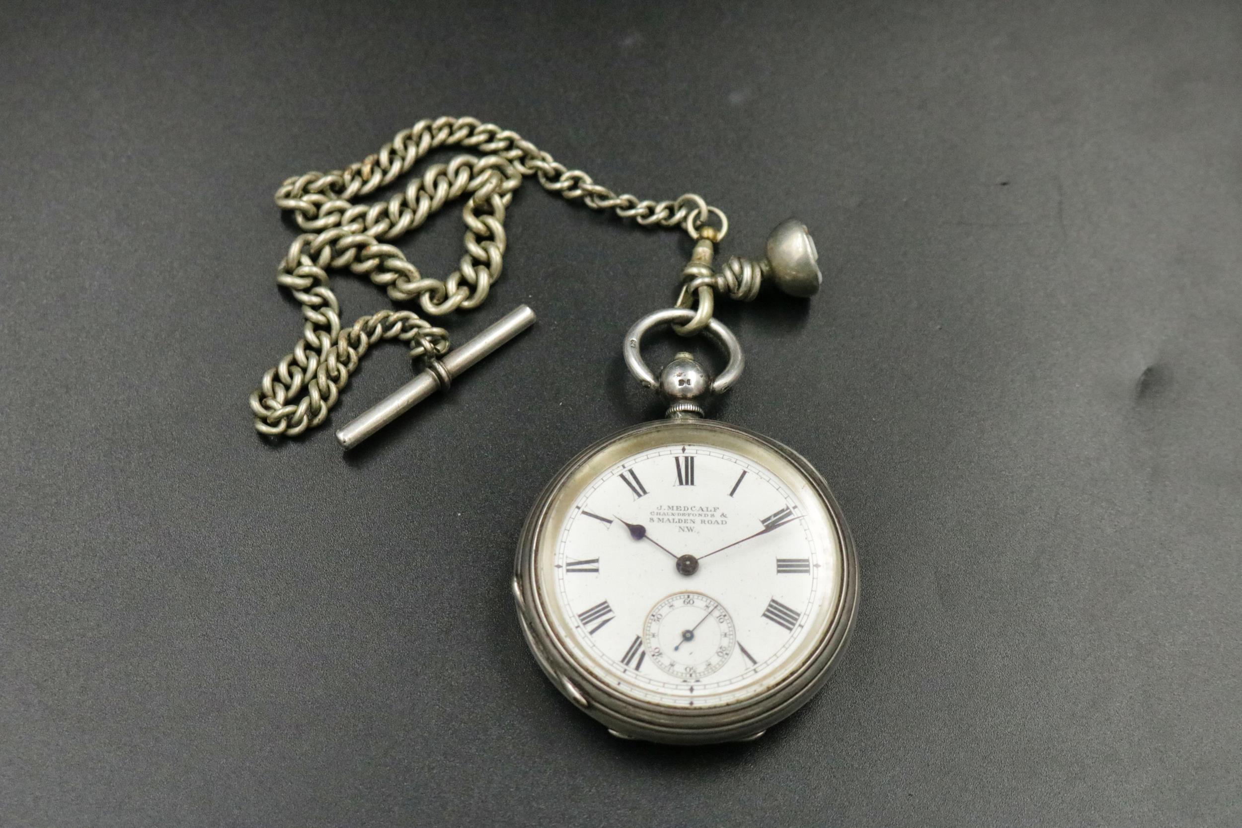 Silver Pocket watch by J. Medcalf London 1877. Winder works but watch A/F (chain not silver)