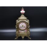 Vintage French Mantel clock, with pink hand painted panel and clock face, approx 15 inches high A/