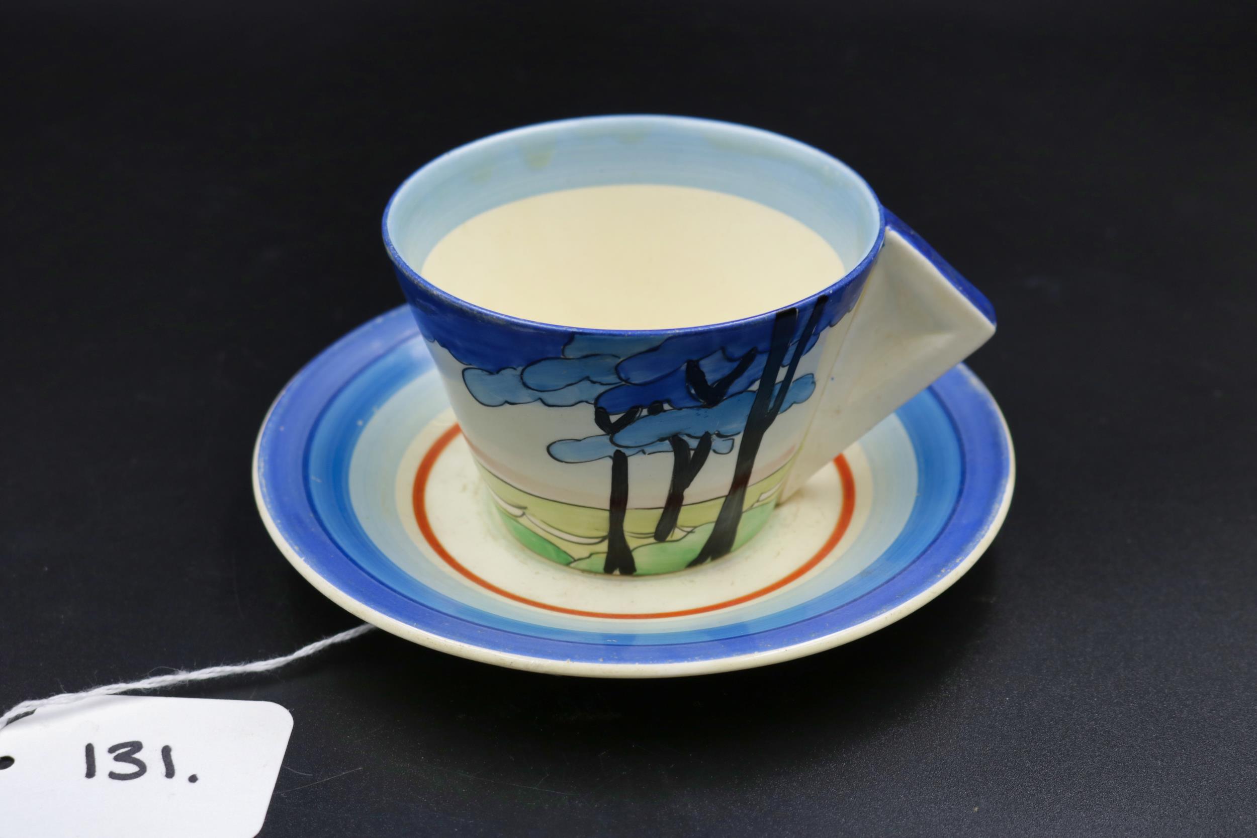 Clarice Cliff, tea cup & saucer Blue firs. Dating 1930s. No damage tiny flaking on paintwork