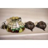Tiffany style glass lampshade, one ceiling lamp & two up lighters