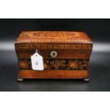 Tunbridge ware two compartment sarcophagus style tea caddy (missing one compartment lid)