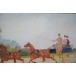 Tanden horses and carriage going to fair painting on canvas dated 1920