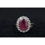 Large Ruby and diamond cluster ring set 18ct yellow gold