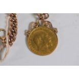 Mounted gold sovereign 1902 plus 9ct rose gold watch chain