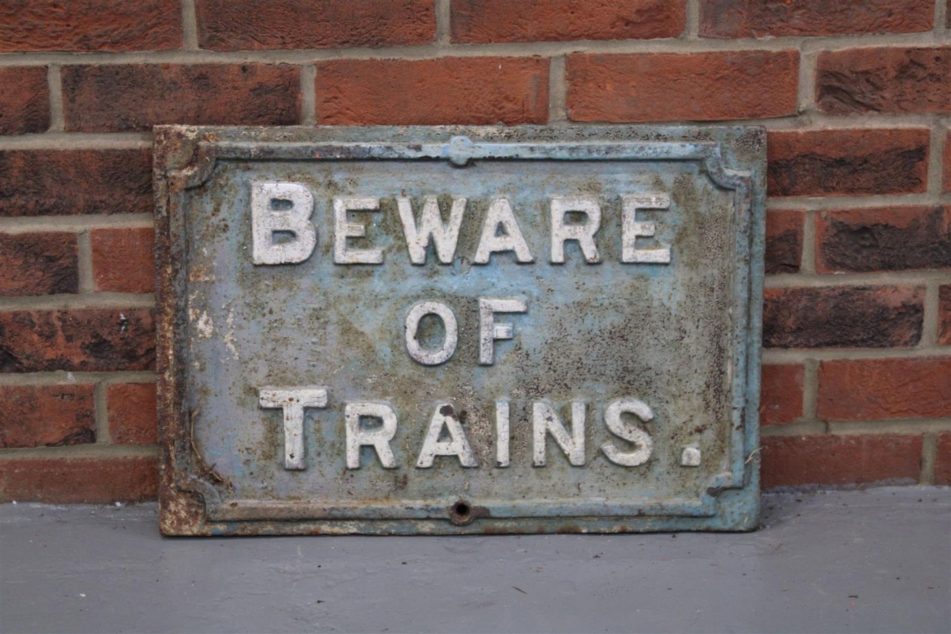 Cast Iron Beware Of Trains" Sign "