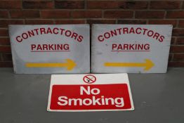Two Metal Contractors Parking Signs & Plastic No Smoking Sign